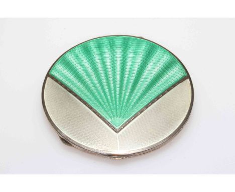 Art Deco silver and enamel compact, with green fan shape design and white reserve, Birmingham 1933, 8cm diameter.