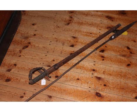 Royal Artillery '108562' military sword and scabbard, together with spear.