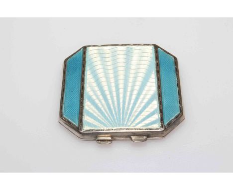 Silver and enamel compact with centre panel of shaded blue flanked by blue sides, Birmingham 1947, 6cm square.