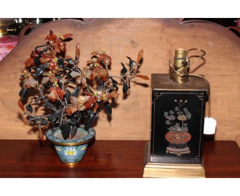 Oriental square based table lamp with floral design and cloisonne planter with hardstone flower.