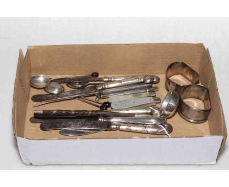 Small Victorian silver tody ladle, two silver napkin rings, two folding fruit knives and flatware, etc.