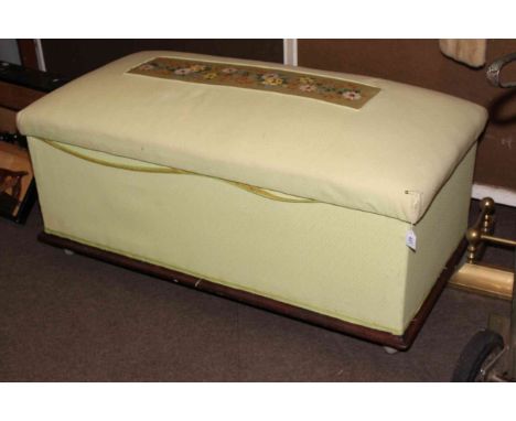 Victorian upholstered ottoman and quilt, 62cm by 125cm by 64cm, along with Victorian brass extending fender, two curtain pole