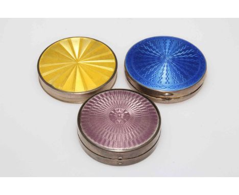 Silver and blue enamel compact for Yardley, 5.5cm diameter, Apsrey's silver and pink enamel box, Birmingham 1928, and silver 