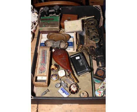 Tray box of collectables including spectacles, binoculars, compass, chess, trinket boxes, powder flask, horse brasses, etc.