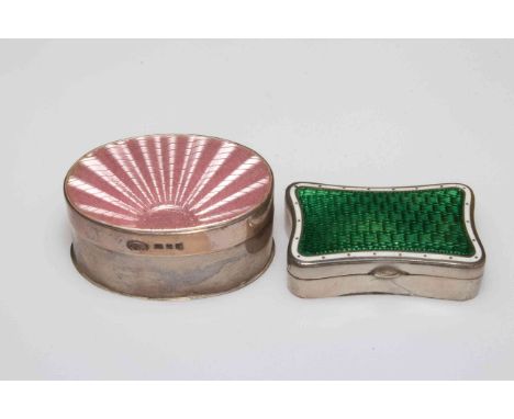 Chester hallmarked silver and green enamel serpentine sided box with white line border, 5cm across, together with silver and 