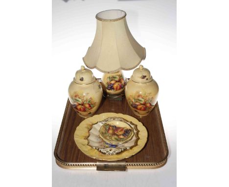 Aynsley Orchard Gold table lamp, pair of lidded vases, plate and three dishes.