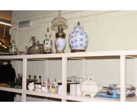 Collection including teawares, two handled tureen, copper and brass bound jar, candle holders, table lamps, ceiling light, et