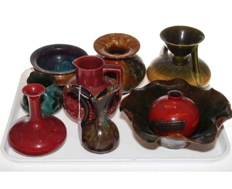 Linthorpe Pottery bowls 1262 and 1050, three jugs, three vases and Anita Harris Angel of the North vase.