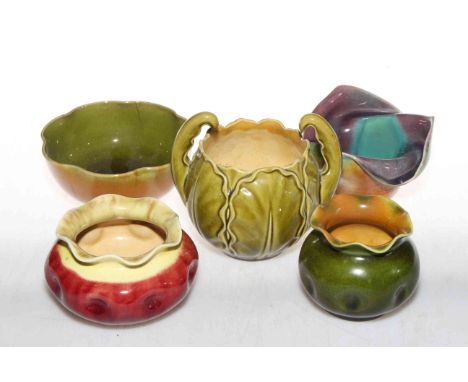 Collection of five Linthorpe Pottery miniature jardinieres and bowl, shape no, 1366, 1960, 1737, 874 and 999, tallest 10cm.