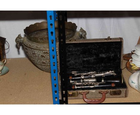 R. Malerne, Paris clarinet and two brass jardinieres.