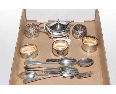 Collection of silver pieces comprising mustard pot, five napkin rings, six teaspoons, fork and spoon (14).