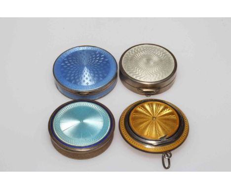 Small silver and blue enamel box, two other unmarked blue and gold enamel boxes and white box, all approx 4cm diameter.