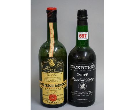 An old bottle of Bolskummel liqueur;&nbsp;together with another old bottle of Cockburn's fine old ruby port. (2) 