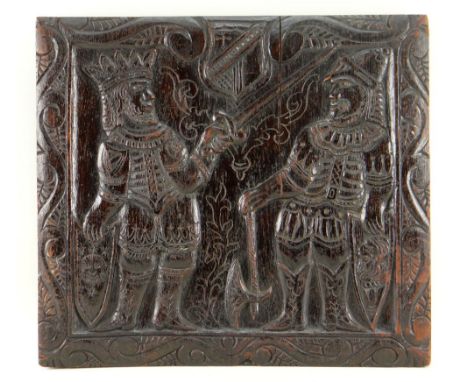 CARVED OAK PANEL, decorated with a King with sword confronting a Knight with axe, both with shields, in Elizabethan dress, sc