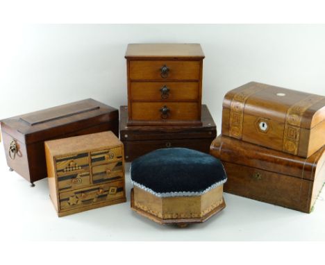 COLLECTION OF BOXES, including burr walnut and metal-inlaid toilette box with silk lined interior, tea caddy, Tunbridgeware w