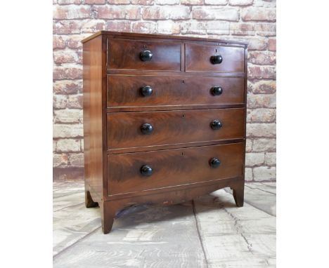 19TH CENTURY MAHOGANY CHEST, fitted two short and three long drawers, draped apron between high bracket feet, 101h x 97.5w x 