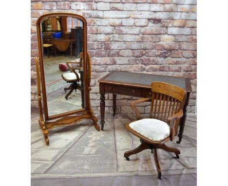 VICTORIAN WALNUT WRITING TABLE, CHAIR &amp; CHEVAL MIRROR, inset top above two frieze drawers, turned legs, ceramic castors, 