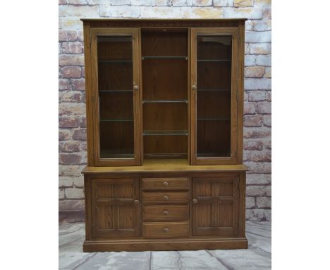 ERCOL ELM NARROW DINING ROOM CABINET, part glazed upper section on cupboard base fitted with four drawers, 198.5h x 140w x 50