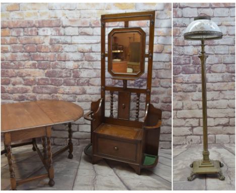 EARLY 20TH CENTURY OAK HALL STAND, GATELEG TABLE &amp; STANDARD LAMP, hall stand with mirror, hinged seat and stick stands, 1