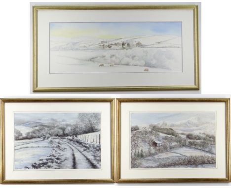 GORDON WILKINSON / BARBARA DANIELS watercolour/pastel - three winter landscapes, the former entitled Cowpe Lows, signed, 68 x