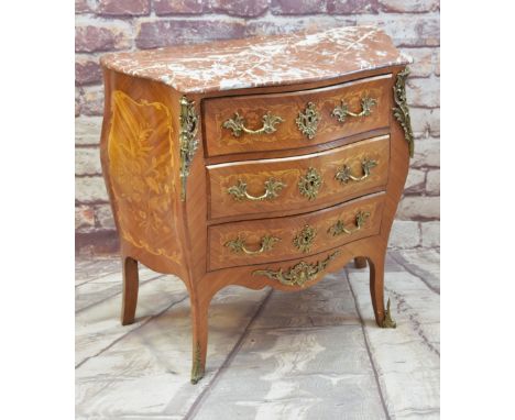 LOUIS XV-STYLE MARQUETRY &amp; METAL MOUNTED SERPENTINE COMMODE with veined rouge marble top, fitted three long drawers on sa