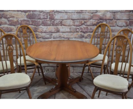 ERCOL CHESTER ELM EXTENDING DINING TABLE &amp; SIX 'SWAN QUAKER' WINDSOR CHAIRS, table with x-column support, 165 x 115cms, c