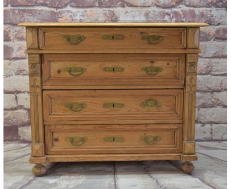 ANTIQUE PINE FOUR-DRAWER COMMODE, with art nouveau handles, moulded drawer fronts, carved uprights, bun feet, 100w x 54.5d x 