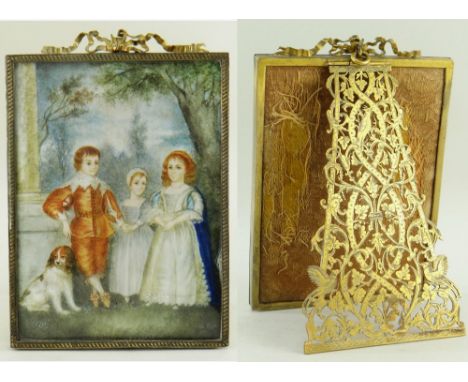 CH. ROZE portrait miniature on ivory - family group of children dressed in Carolean attire with spaniel, in a classical lands