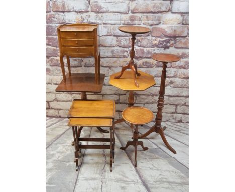 ASSORTED OCCASIONAL TABLES, including two tripod wine tables, tripod torchere, small commode, two stacking tables ETC (7)