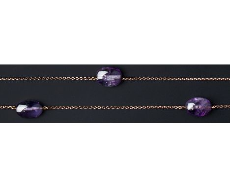 AN AMETHYST BEAD NECKLACE, the continuous trace-link chain spaced by graduated amethyst beads, 92cm long, together with a bri