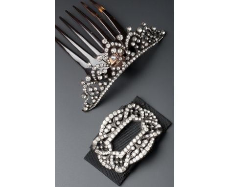 A PASTE SET COMB, TWO BUCKLES AND A BROOCH, the tortoiseshell comb with hinged openwork panel of graduated white pastes, pane