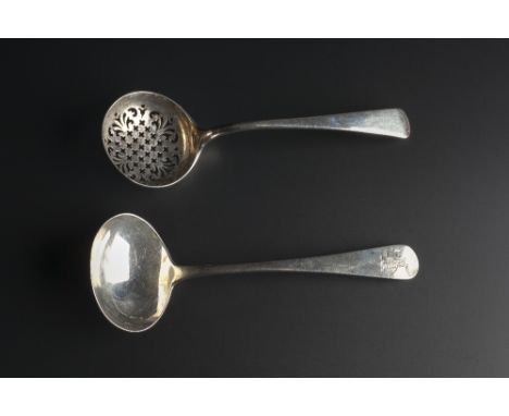 A SILVER OLD ENGLISH PATTERN SIFTER LADLE with pierced bowl stamped T.B. and Sterling, 17cm long; and a silver sauce ladle, w