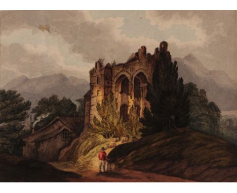 J * BOURNE Mountain landscape with figure and ruined abbey, signed and dated 1830, watercolour, 21 x 27.5cm; and a lithograph