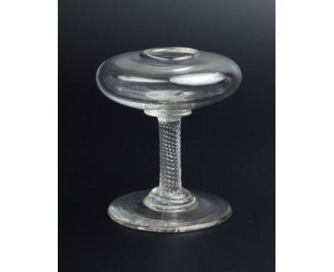 AN EARLY 19TH CENTURY GLASS LACE MAKER'S LAMP REFLECTOR of globular form on twist stem, 8.6cm high