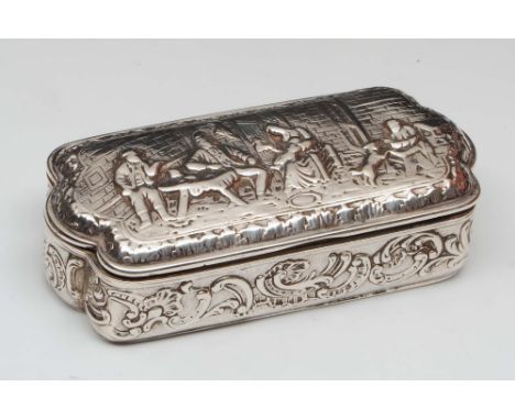 A CONTINENTAL SILVER SNUFF BOX, triangular hinged lid with shaped corners and chased with an Inn scene, 10.5cm long, French m