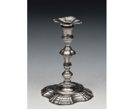 A GEORGE II SILVER TAPER STICK with shaped base, matching knop and sconce, London 1749-50 by Simon Jouet, 11.5cm high, 4.2 tr