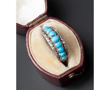 A TURQUOISE AND DIAMOND HALF HOOP RING, centred with a line of graduated oval turquoise cabochons, framed by a vari-cut diamo