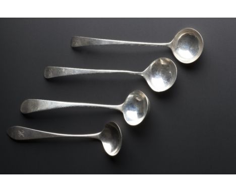 A PAIR OF SILVER OLD ENGLISH PATTERN TODDY LADLES c.1800-1820, Edinburgh by William Mill of Montose; a Celtic point ladle, Ed