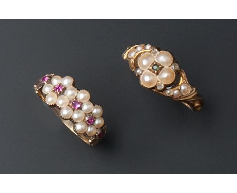 TWO ANTIQUE HALF PEARL AND GEM SET CLUSTER RINGS, the first with pierced scrolled shoulders, highlighted with lasque-cut diam