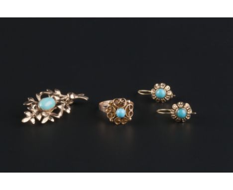 A RING, BROOCH AND EARRINGS, each highlighted with turquoise-coloured cabochons, the brooch designed as a foliate spray, the 