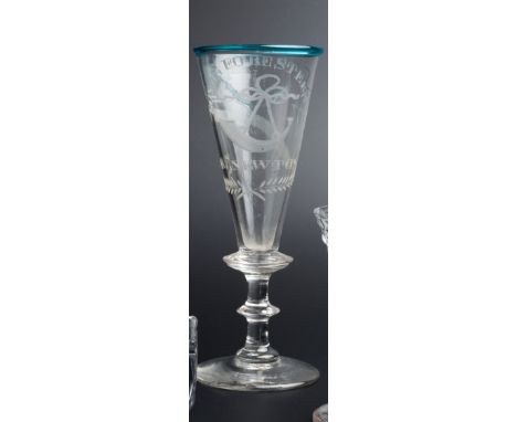 A 19TH CENTURY ALE GLASS of double cotton reel type, the blue edge conical bowl engraved with a huntsman and stag, and 'Royal