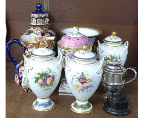 Three Minton limited edition two-handled lidded urns, a Royal Worcester limited edition pedestal vase, a Spode limited editio