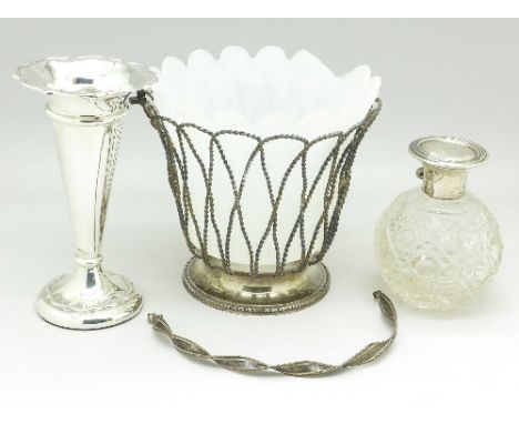 A Victorian silver basket with glass liner, a/f, a silver vase and a silver topped glass scent bottle, vase 11.5cm