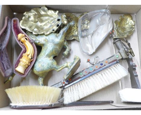 Two silver and enamel brushes, a glass paperweight, signed, a ceremonial 'ice-pick', four dishes, a carved Meerschaum pipe bo