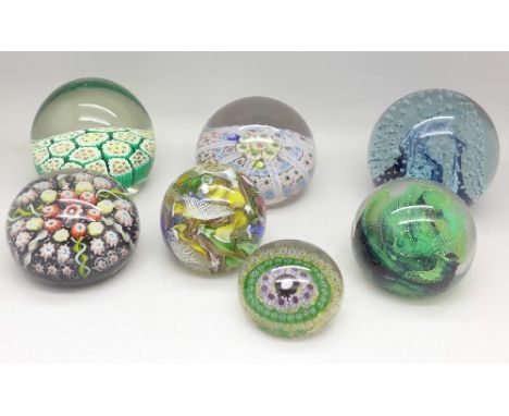 Seven glass paperweights including Baccarat-Dupont, Strathearn, Murano, Caithness and Vasart