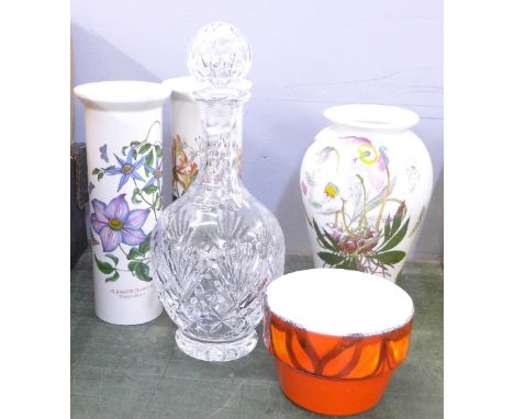 Three Portmeirion vases, one a/f, a Poole plant pot and a Tutbury Crystal decanter