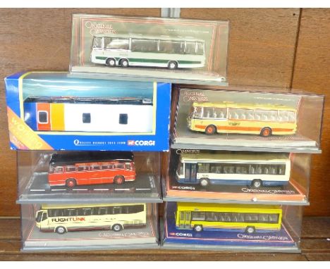 Six Corgi Original Omnibus model coaches and a Corgi Stagecoach, all boxed