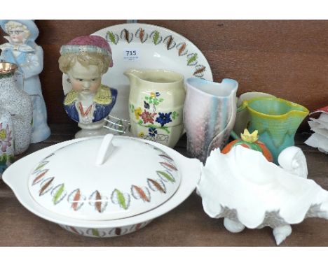 A Kathie Winkle design Hyde Park pattern tureen and plate, a green Crown Devon jug, a Royal Worcester shell dish, a Sylvac va