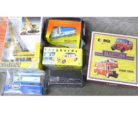 A collection of model vehicles including Corgi Barton commemorative set and a Joal Caterpillar crane