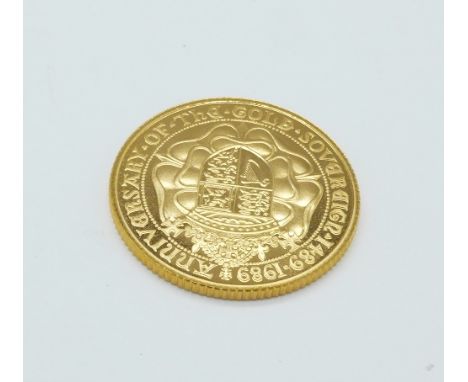 A United Kingdom proof sovereign, 500th Anniversary of the First Gold Sovereign, 1489-1989, 07535, boxed with certificate